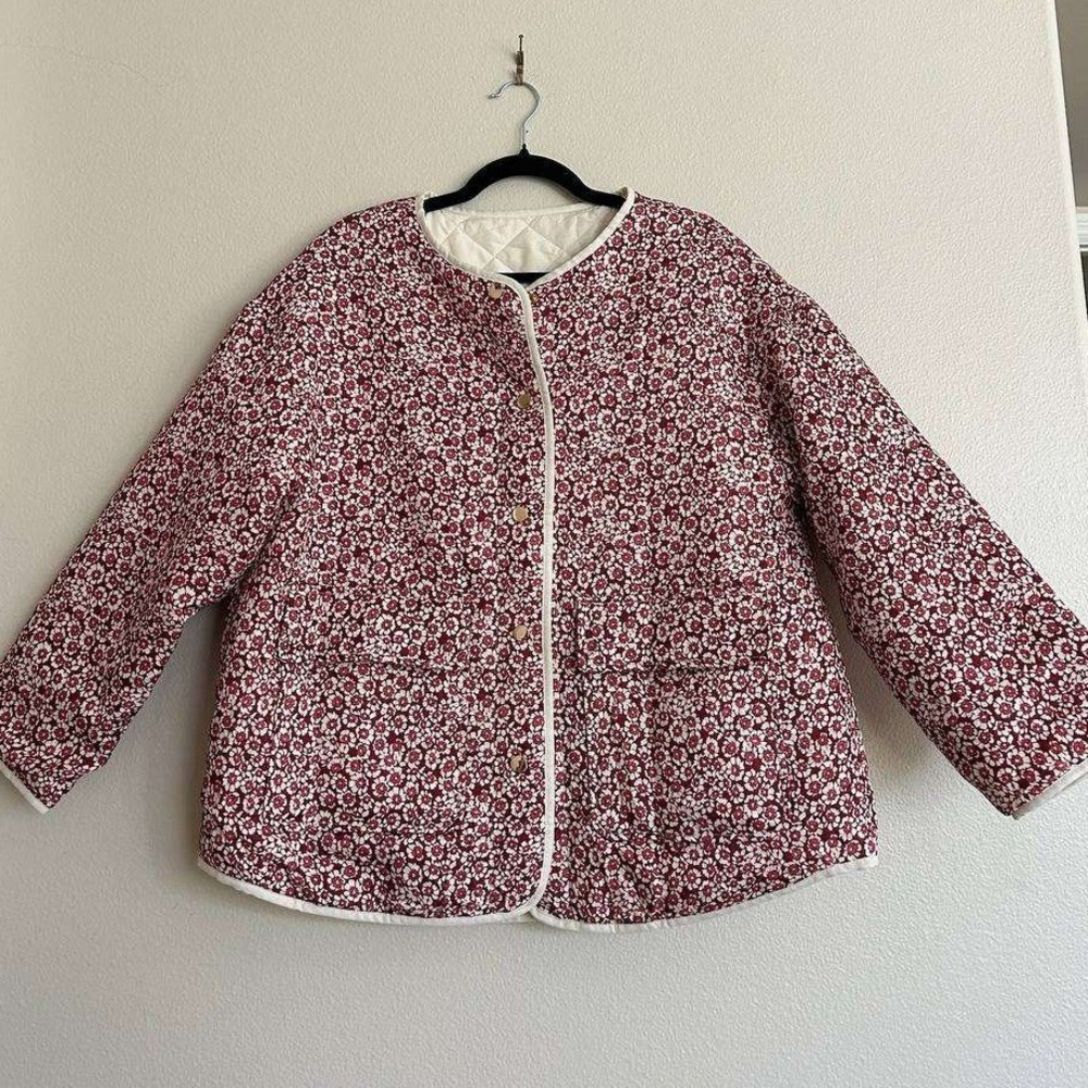 Quilted Burgundy Ditsy Floral Jacket L Cottagecore Boho Vintage Style Coat Comfy